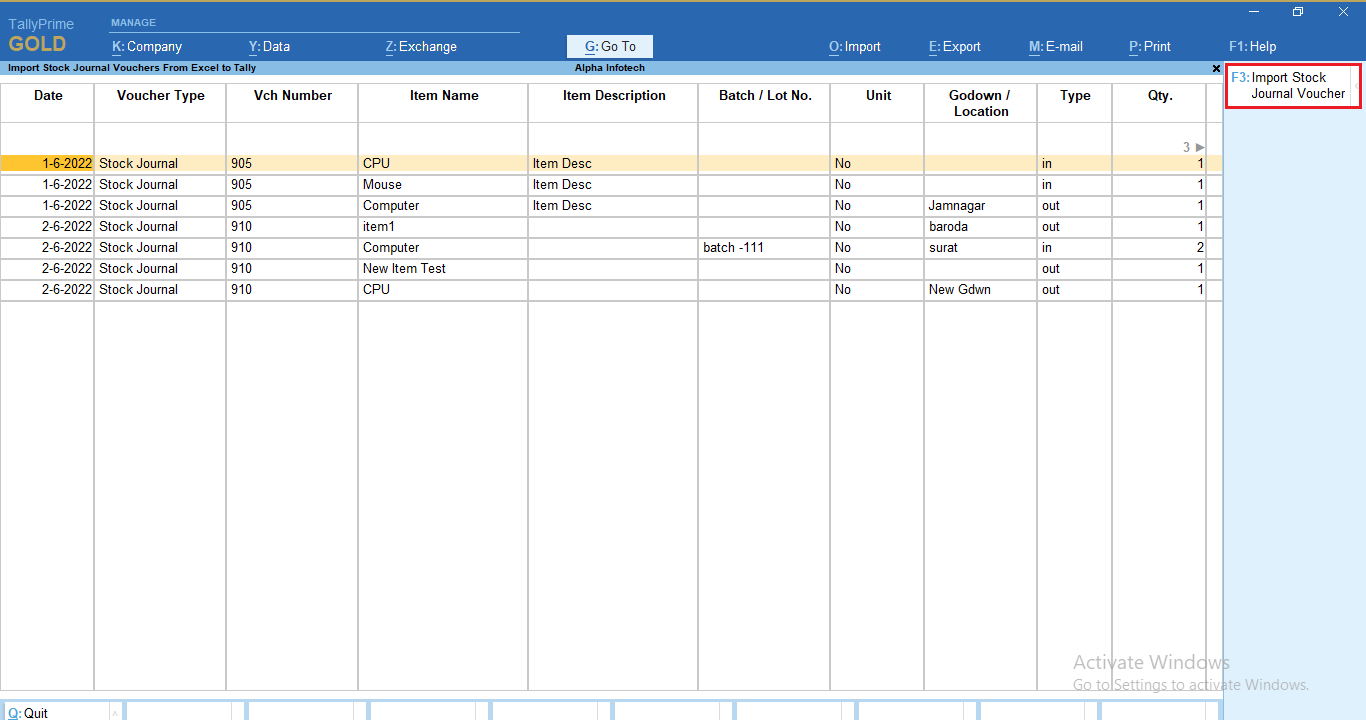 Import Stock Journal from Excel to Tally